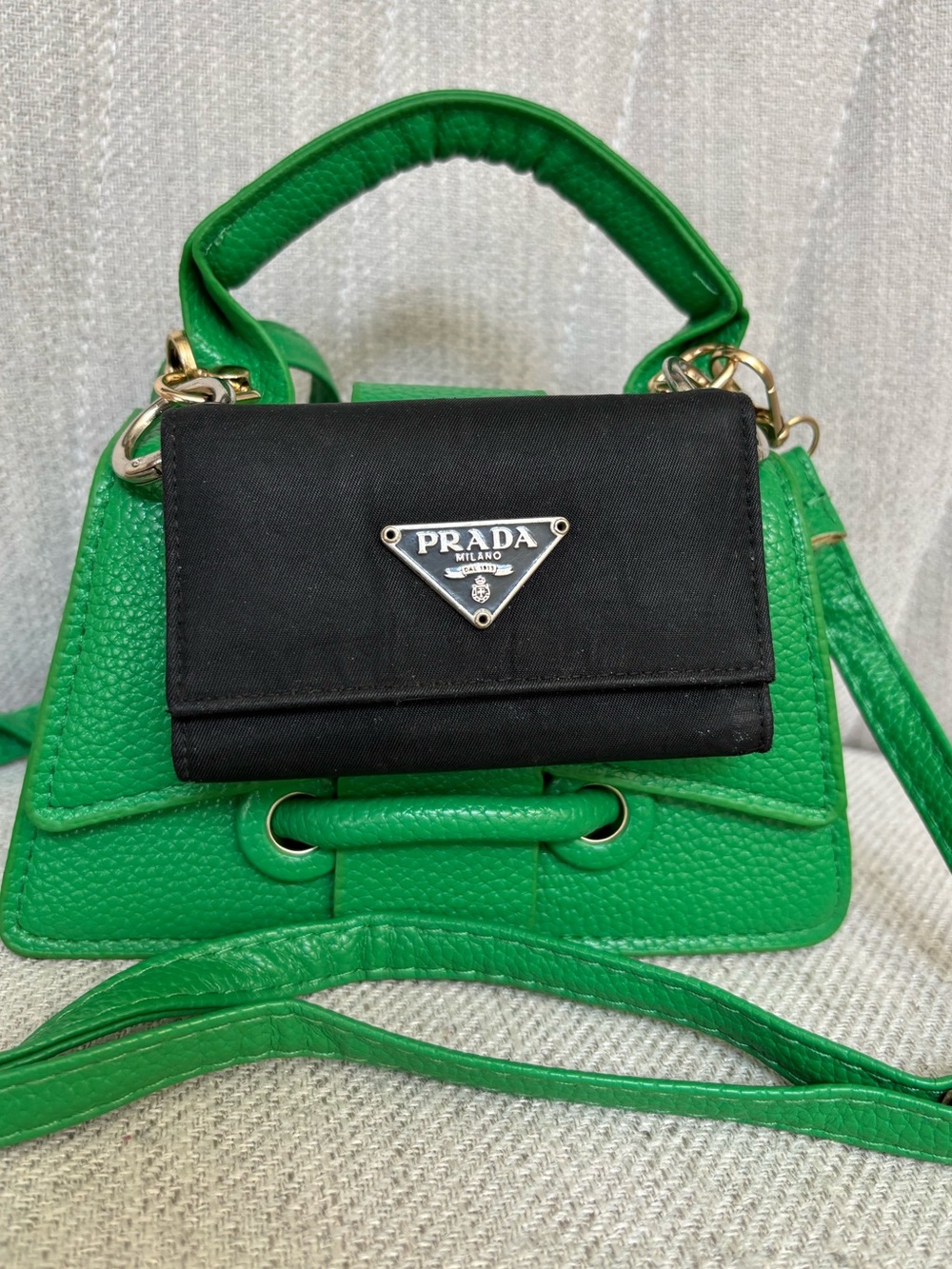 PRADA Logo Nylon Leather Key Wallet paired with new offmarket green mini bag